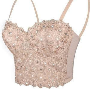 Natural Reigning Lace Rhinestone Bustier Crop Top Sexy Mesh Corset Top Bra